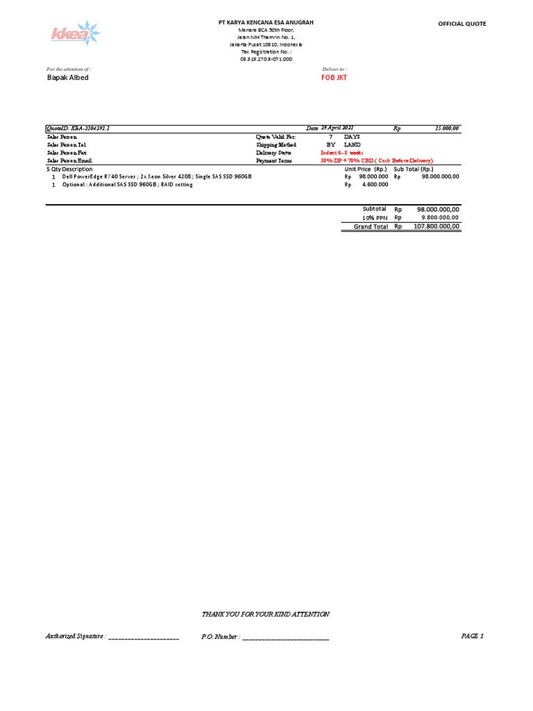 Dell PowerEdge R740 Server Quote for Bapak Albed including Configuration Details and Pricing