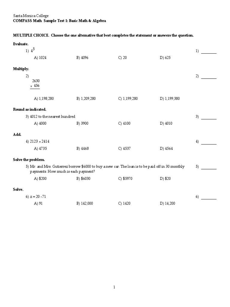 COMPASS Math Sample Test 1 Basic Math & Algebra PDF Interest Numbers