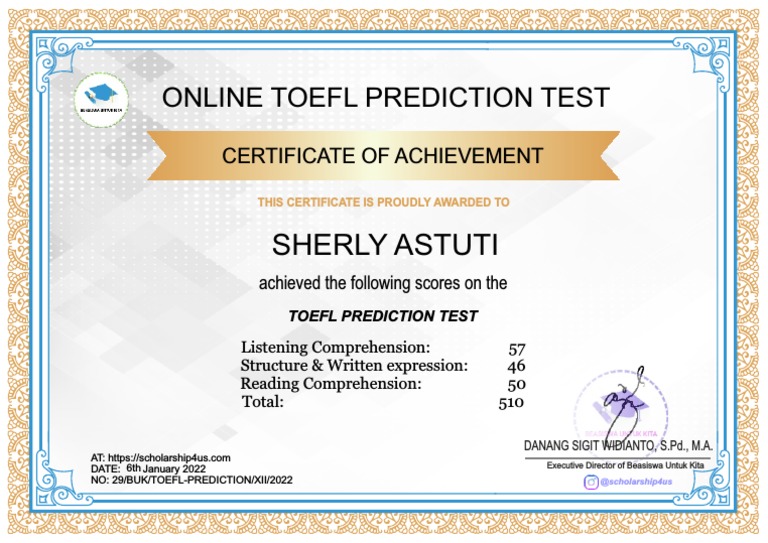 E Certificate TOEFL Prediction Score Sherly Astuti PDF