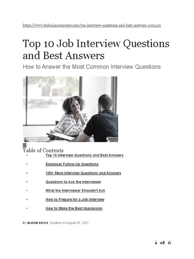 Top 10 Job Interview Questions and Best Answers | PDF | Job Interview ...