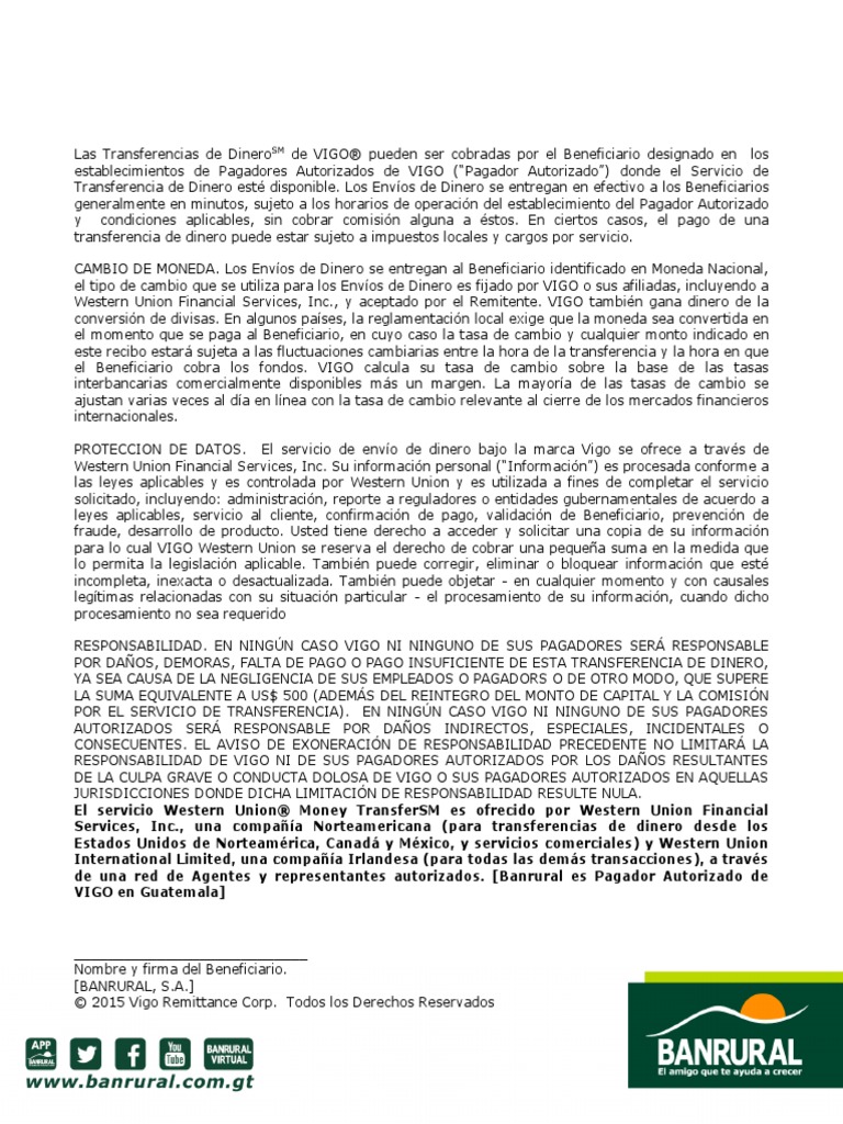 Terminos y Condiciones Pago de Remesas (TCs Vigo Abbreviated Banrural