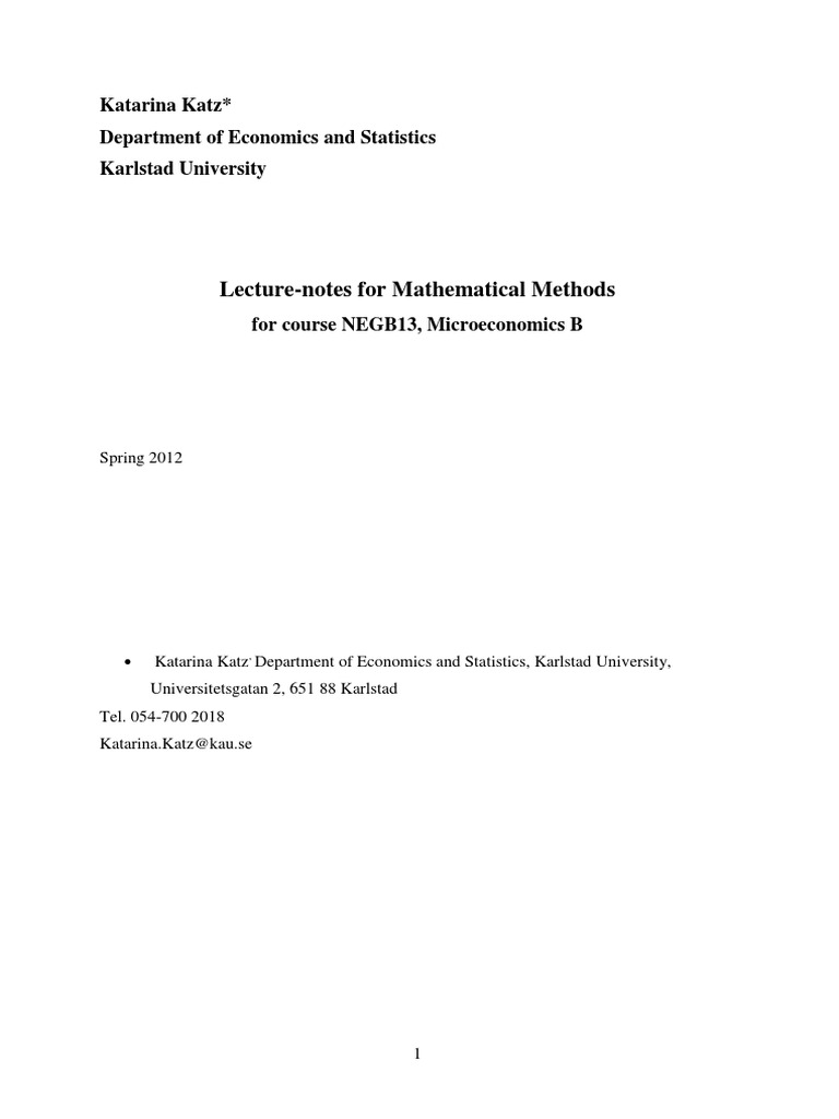 LectureNotes For Mathematical Methods Katarina Katz Department of