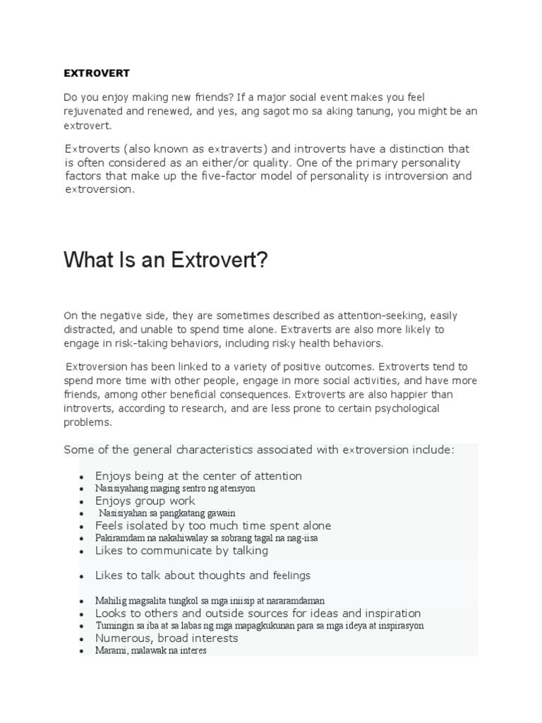 EXTROVERT PDF Extraversion And Introversion Psychological Theories