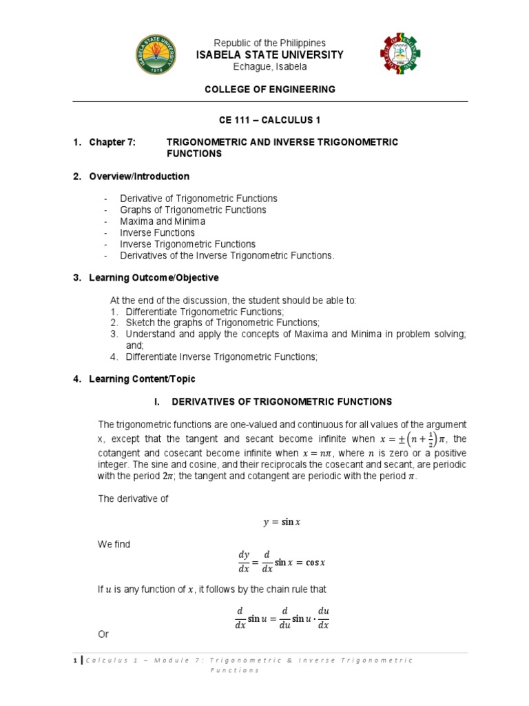 Diff. Calc. Module 7 Trigonometric & Inverse Functions | PDF ...