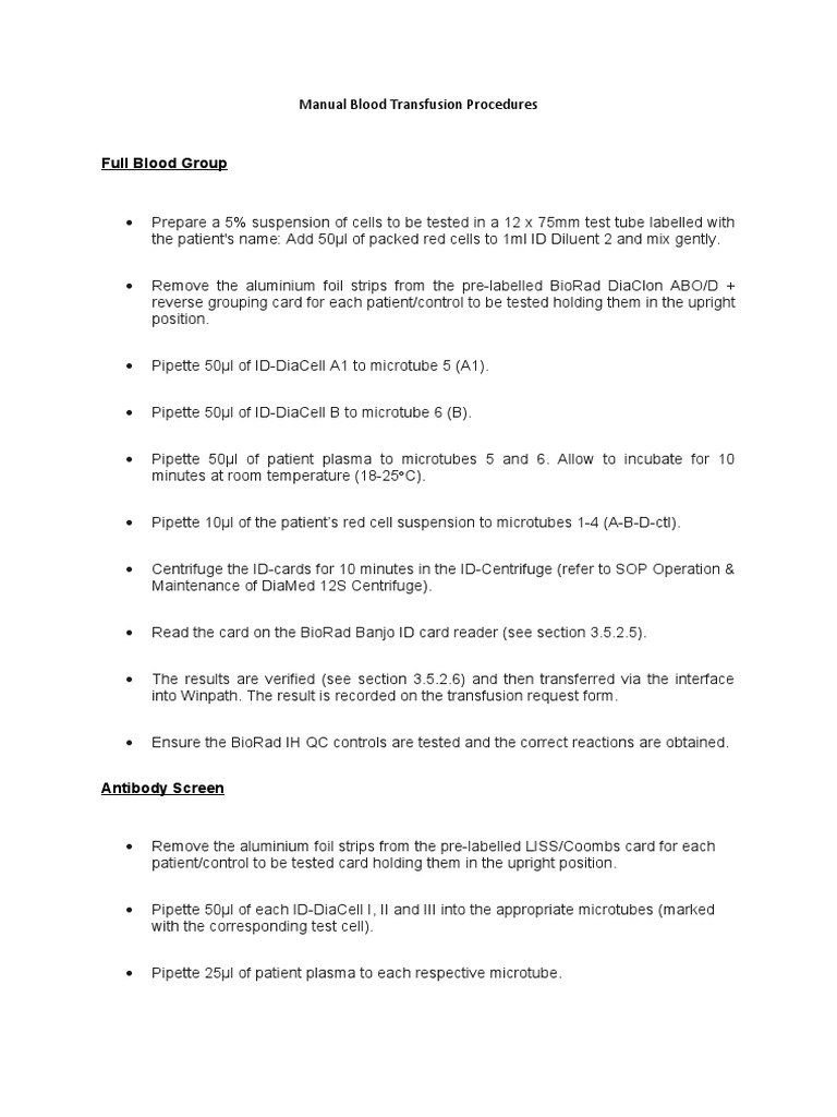 Blood Transfusion Procedure Manual | PDF | Blood Transfusion | Blood ...