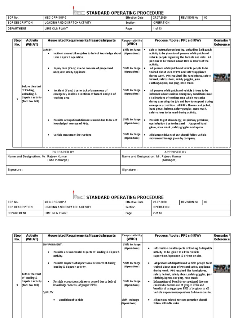 SOP for Loading and Dispatch Activities | PDF | Personal Protective ...