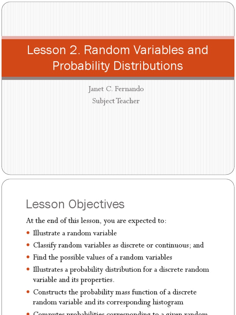 Lesson 2. Random Variables and Probability Distributions: Janet C ...