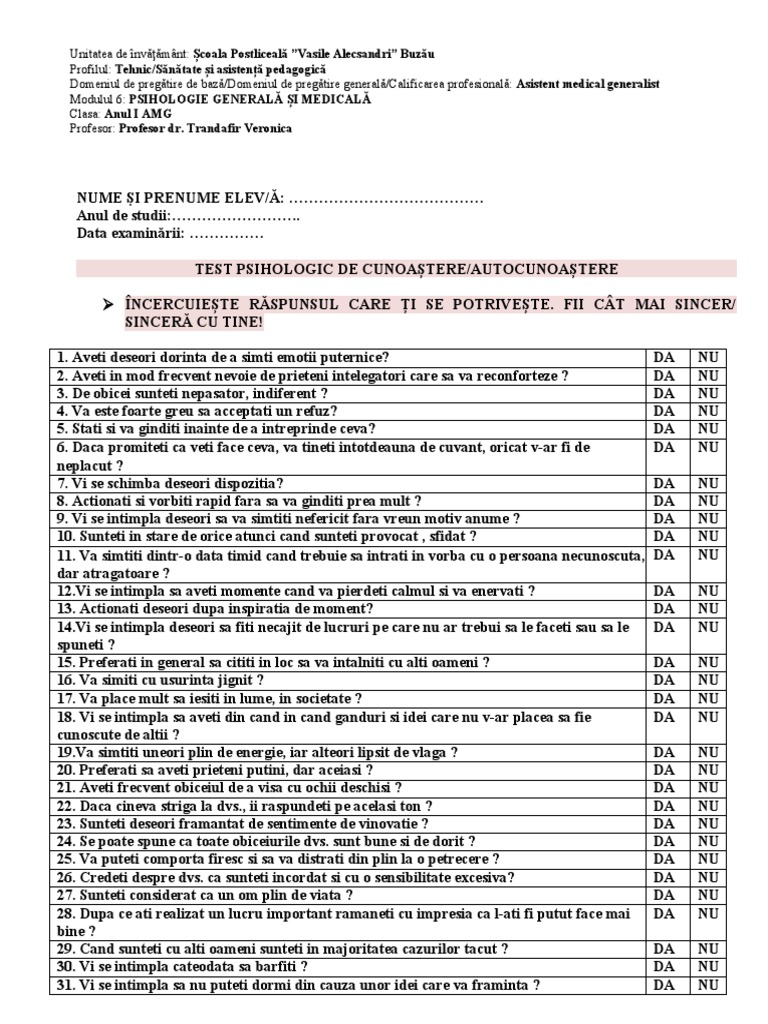 TEST PSIHOLOGIC - Cunoastere - Autocunoastere - Anul I | PDF