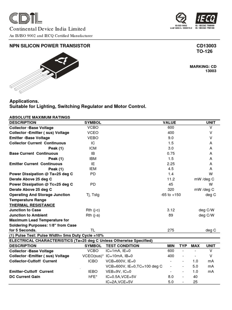 13003 Datasheet | Bipolar Junction Transistor | Electronic Engineering