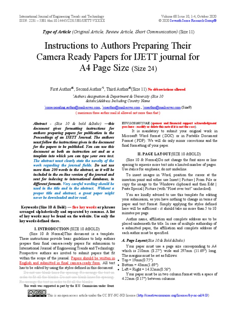 Instructions To Authors Preparing Their Camera Ready Papers For IJETT Journal For A4 Page Size