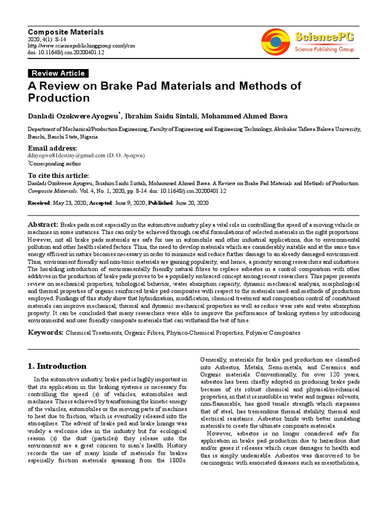 A Review On Brake Pad Materials and Methods of Production | PDF ...