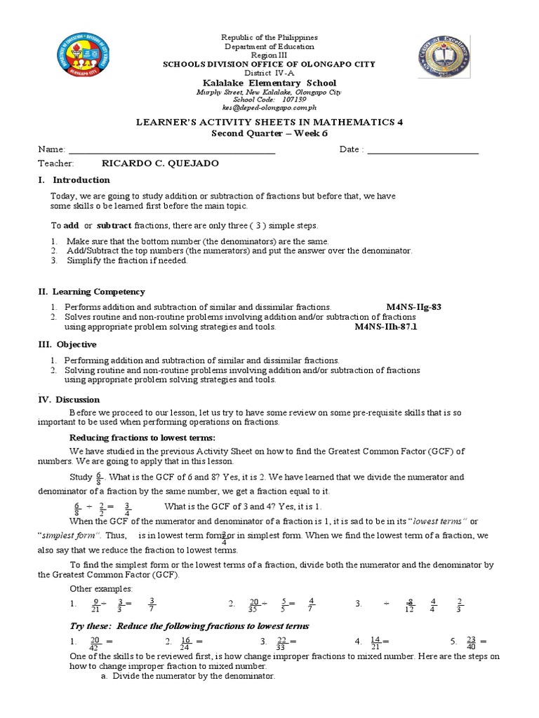 Adding and Subtracting Fractions 4th Grade | PDF | Elementary ...