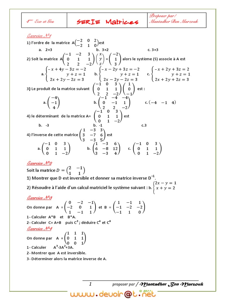 Série de Matrices Bac Économie Corrigée | PDF | Matrice (Mathématiques ...
