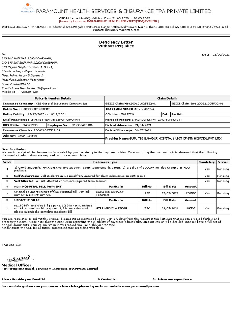 Paramount Health Services & Insurance Tpa Private Limited: Deficiency ...