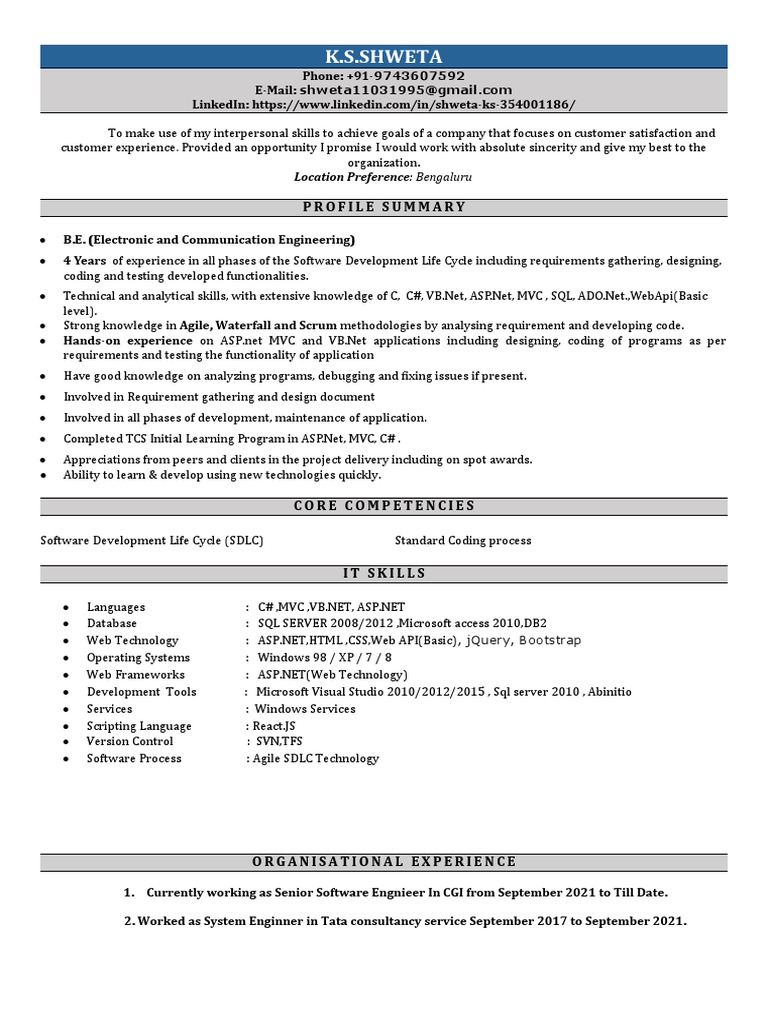 Software Engineer Resume - K.S. Shweta | PDF | Microsoft Access ...