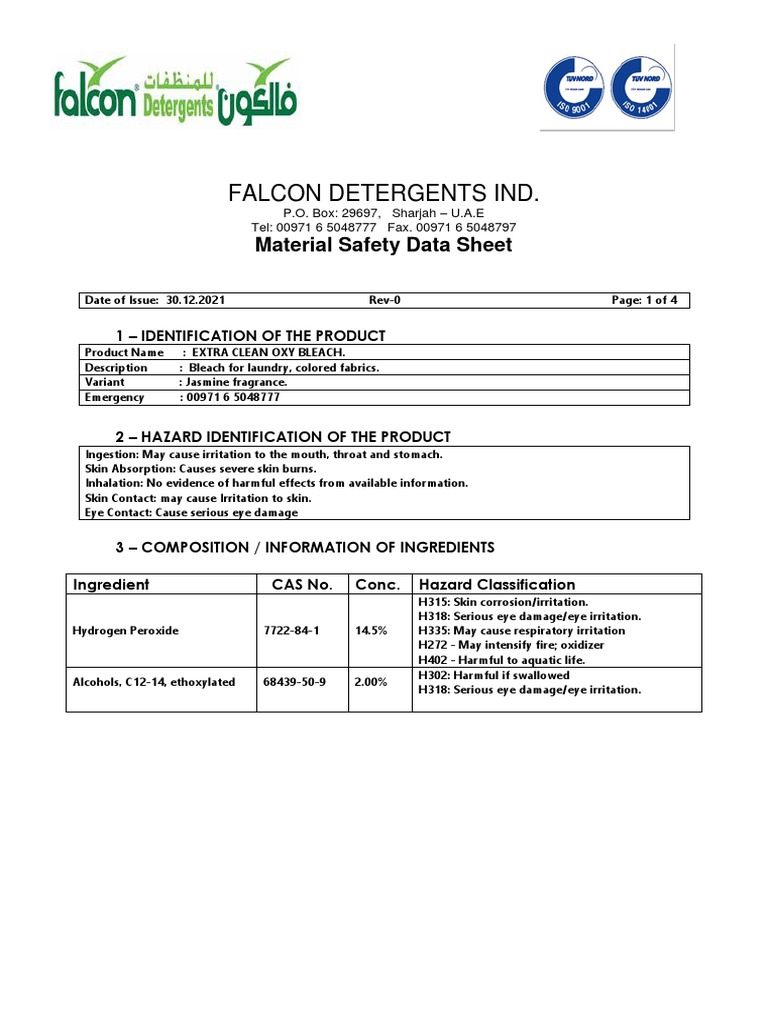 Ec Oxy Bleach MSDS PDF Water Bleach