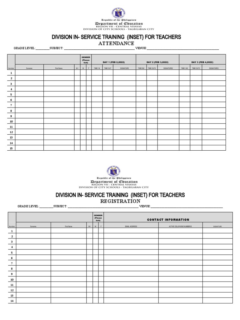 INSET Attendance Sheet Template | PDF