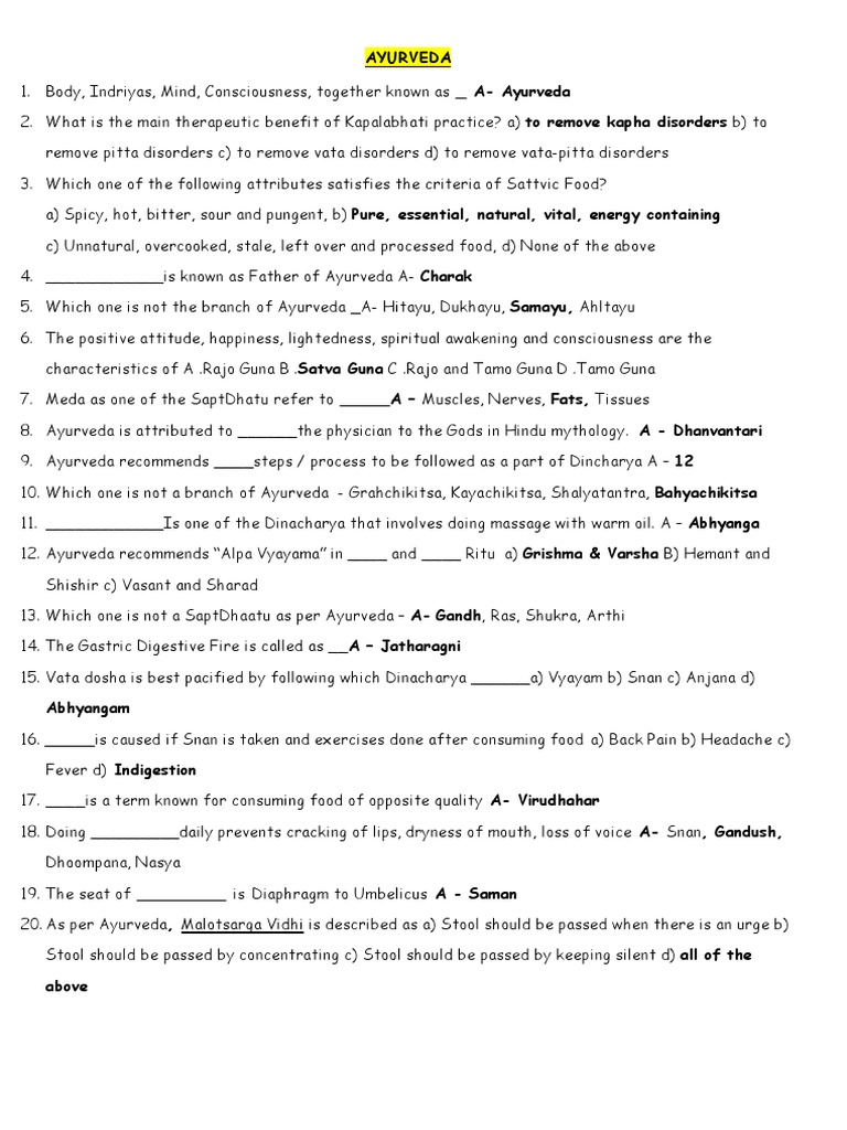 MCQ Ayurveda PDF Ayurveda Health Sciences