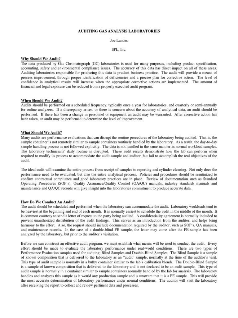 Auditing Gas Analysis Laboratories | PDF | Audit | Gas Chromatography