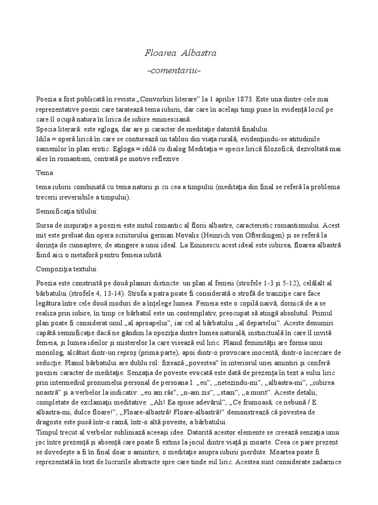 Scrisoarea Ii Comentariu Floarea Albastra Comentariu | PDF