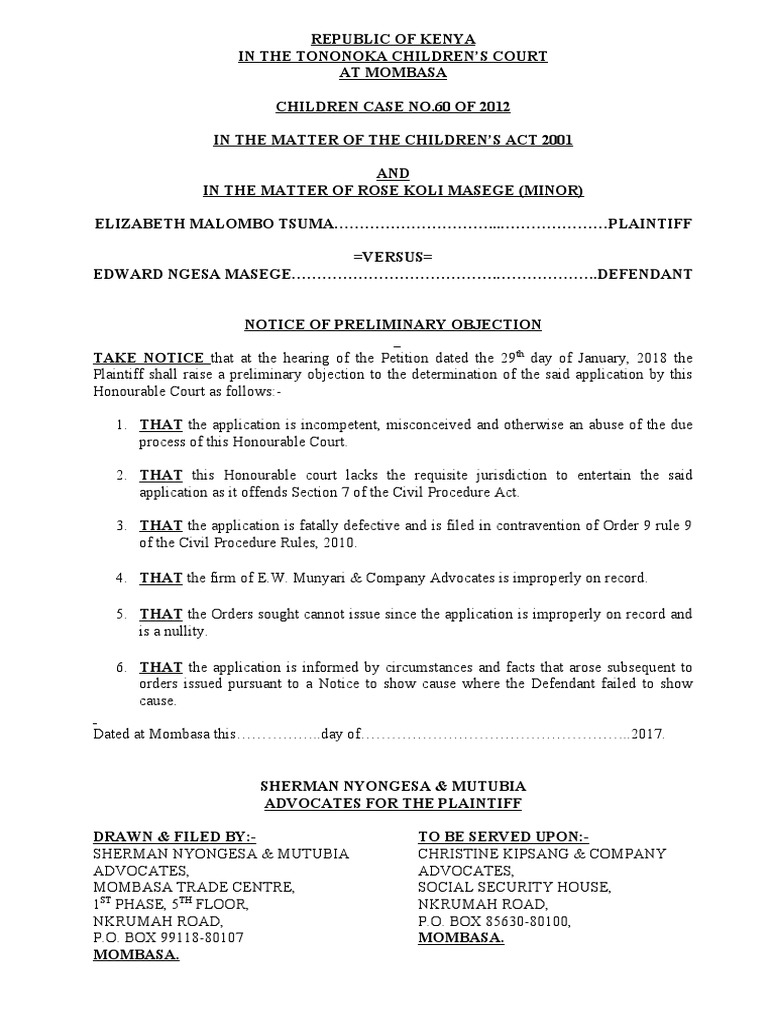 Notice of Preliminary Objection PDF Lawsuit Legal Procedure