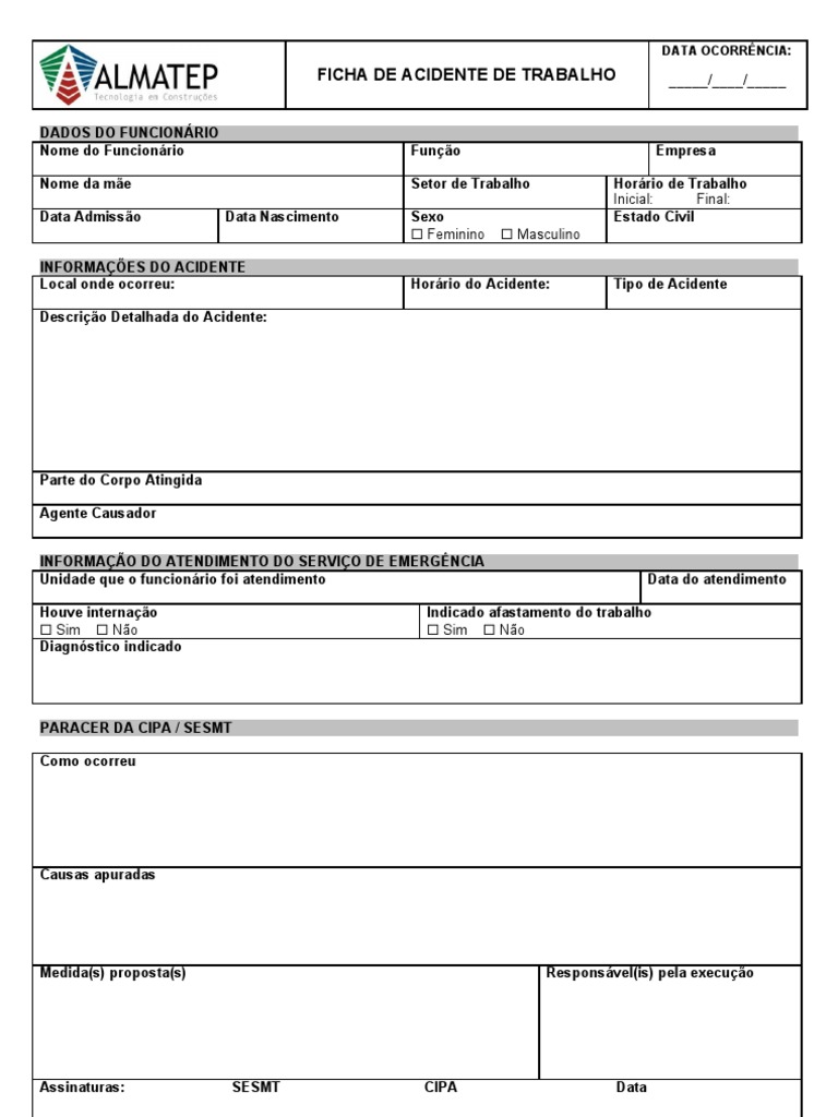 003 Ficha de Acidente de Trabalho PDF Motores Danos