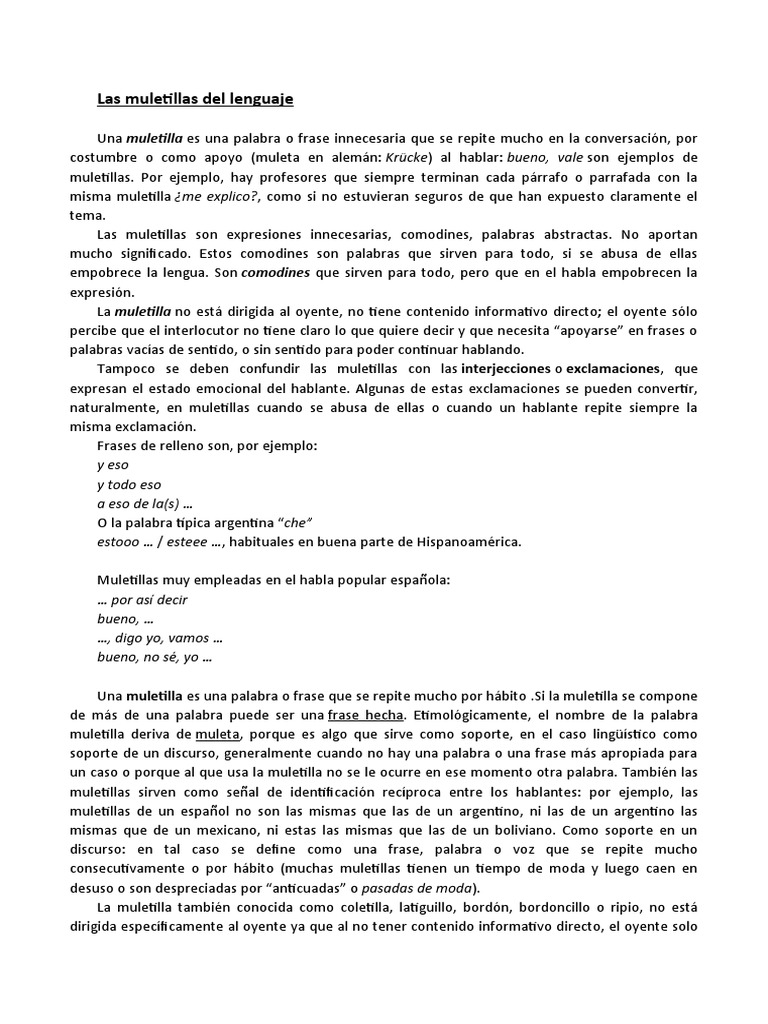 Definición y ejemplos de muletillas | PDF | Cognición | Lingüística