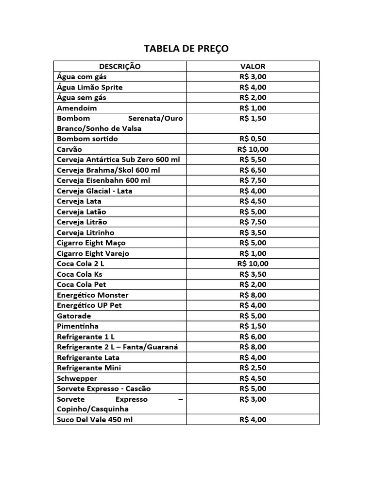 Tabela de Preço | PDF