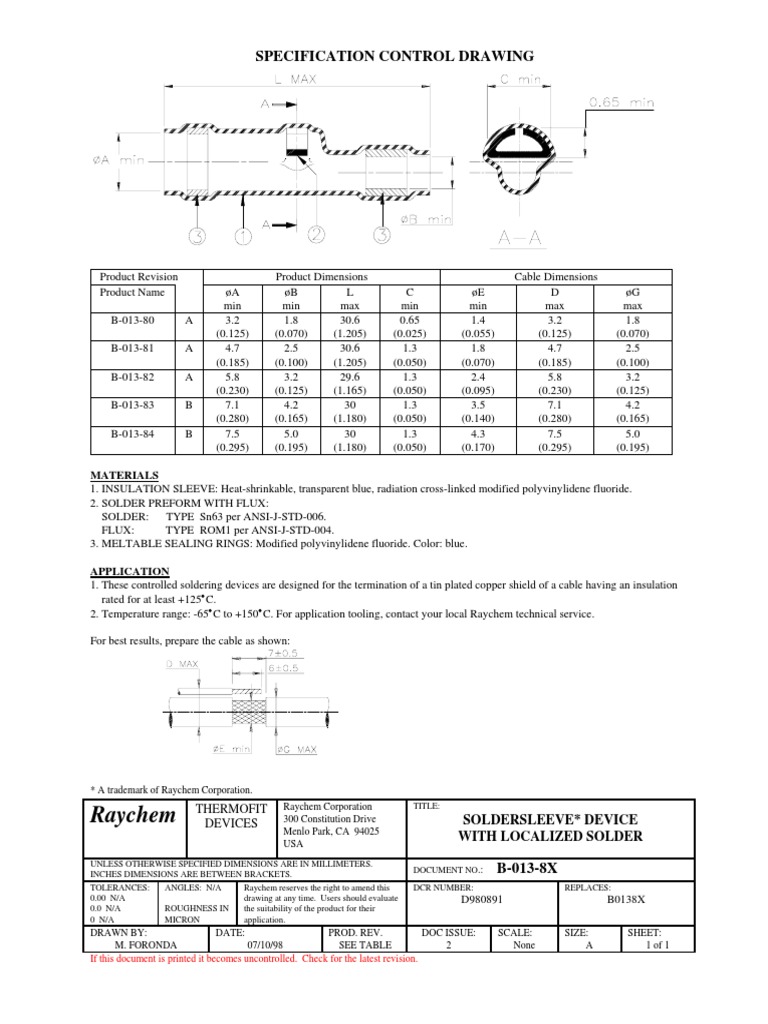 Raychem Specification Control Drawing PDF Solder Chemistry