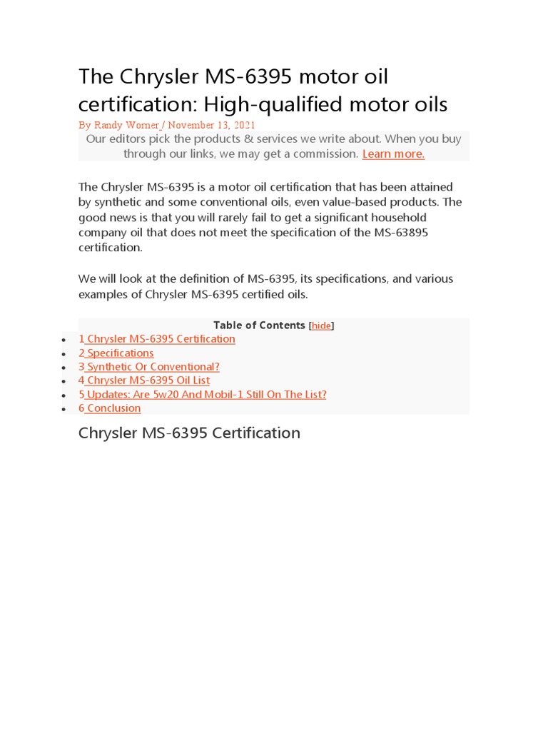 Chrysler Ms 6395 Engine Oils PDF Motor Oil Oils