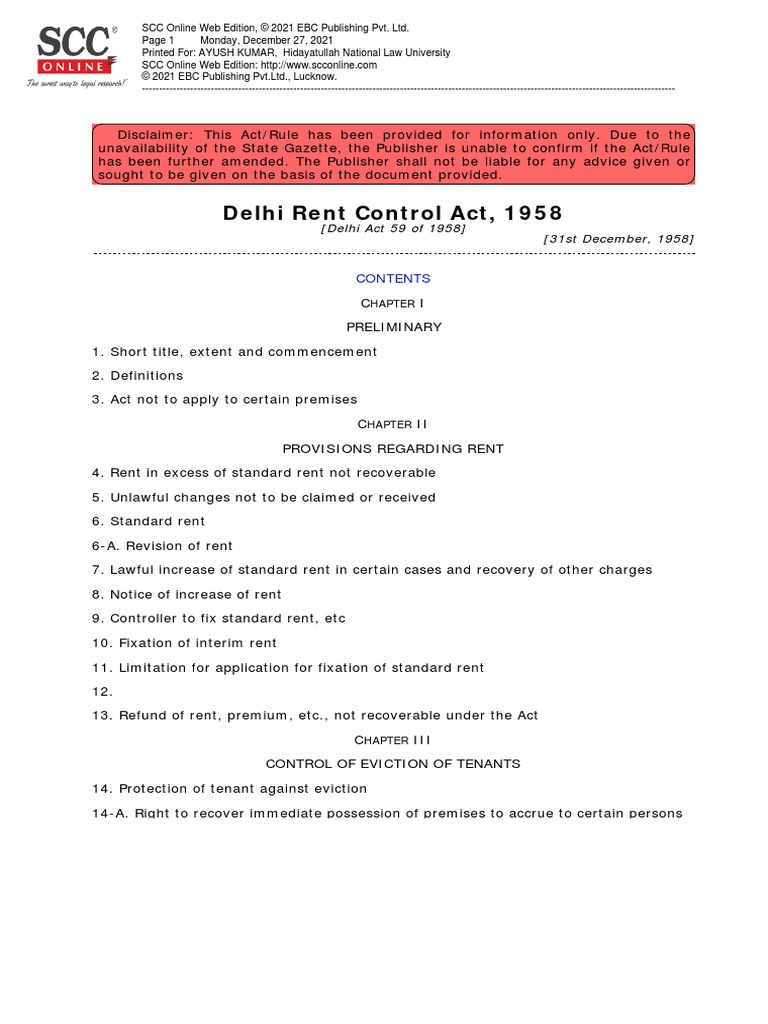 Delhi Rent Control Act, 1958 PDF Leasehold Estate Lease