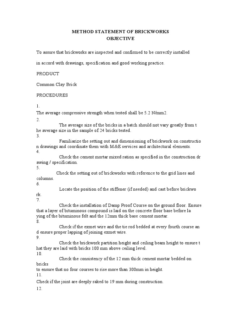 Brickwork Method Statement Overview | PDF | Home & Garden | Art