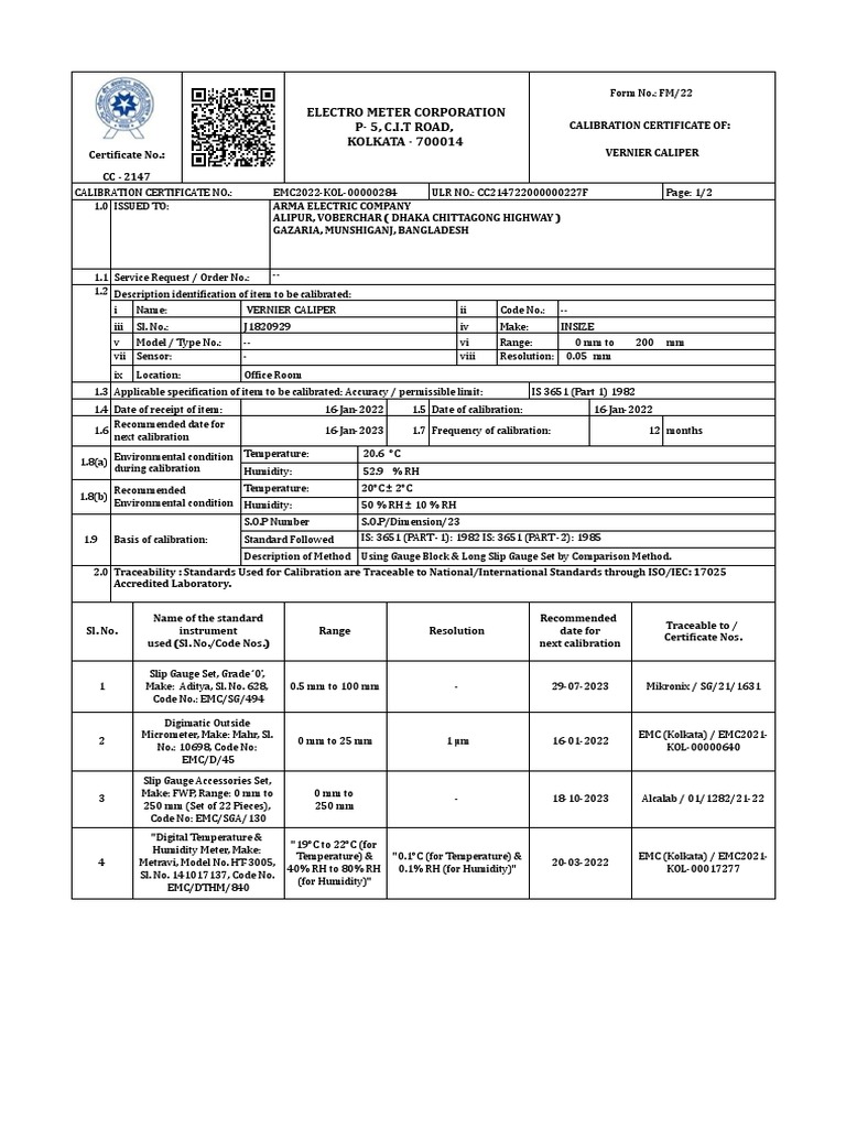 Calibration Certificate for a Vernier Caliper Ensuring Accuracy