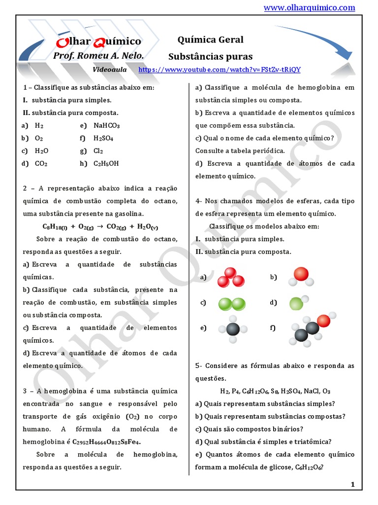 Exercícios sobre Substâncias Simples e Compostas | PDF | Química ...