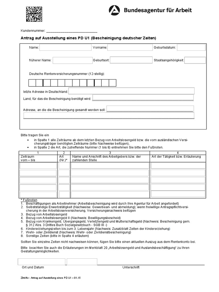 Antrag Auf Ausstellung Eines PD U1 (Bescheinigung Deutscher Zeiten) | PDF