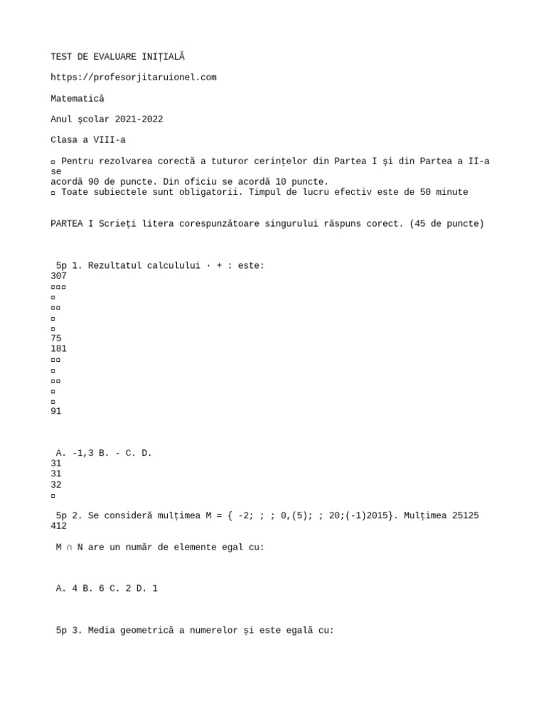 Test de Evaluare Intiala Clasa A 8 A Matematica An Scolar 2021 2022 | PDF