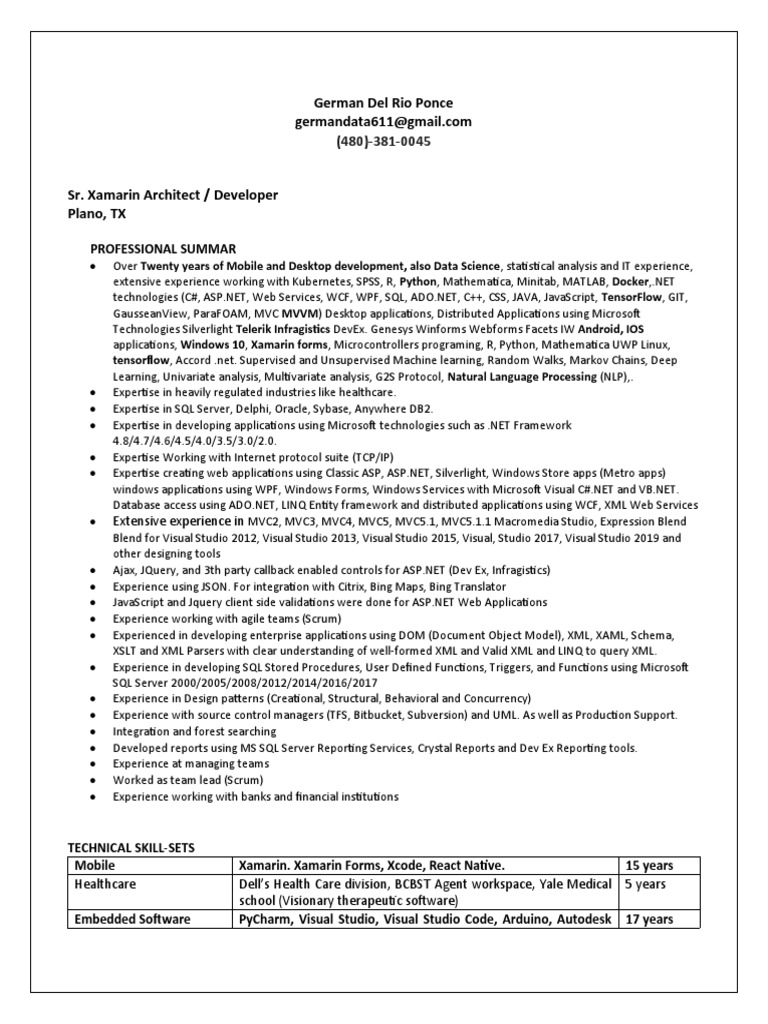 Sr. Xamarin Architect Profile | PDF | Microsoft Visual Studio ...