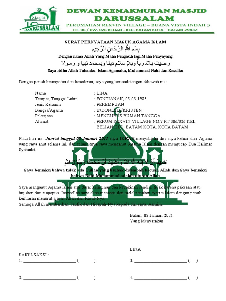 Surat Pernyataan Masuk Islam PDF