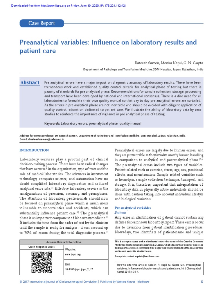Preanalytical Variables Influence On Laboratory Results and Patient