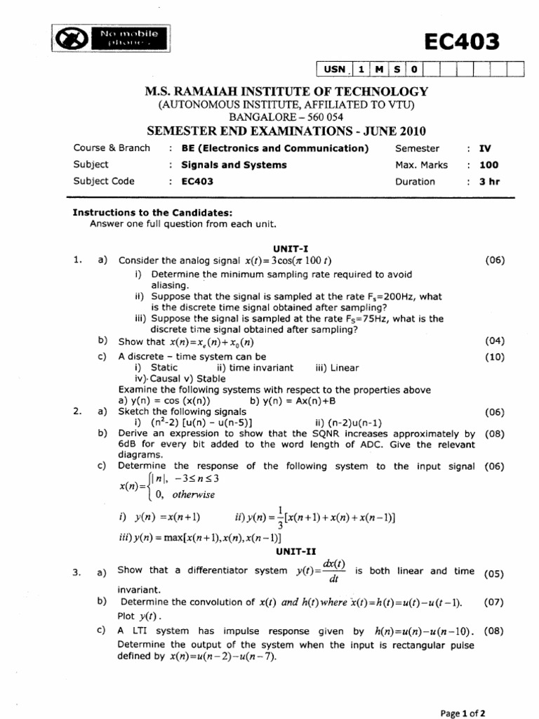 Signals and Systems Exam EC403 Guide | PDF | Fourier Analysis ...