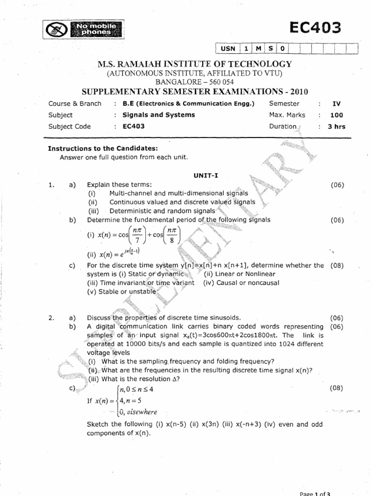 Signals and Systems Exam EC403 Guide | PDF | Discrete Fourier Transform ...