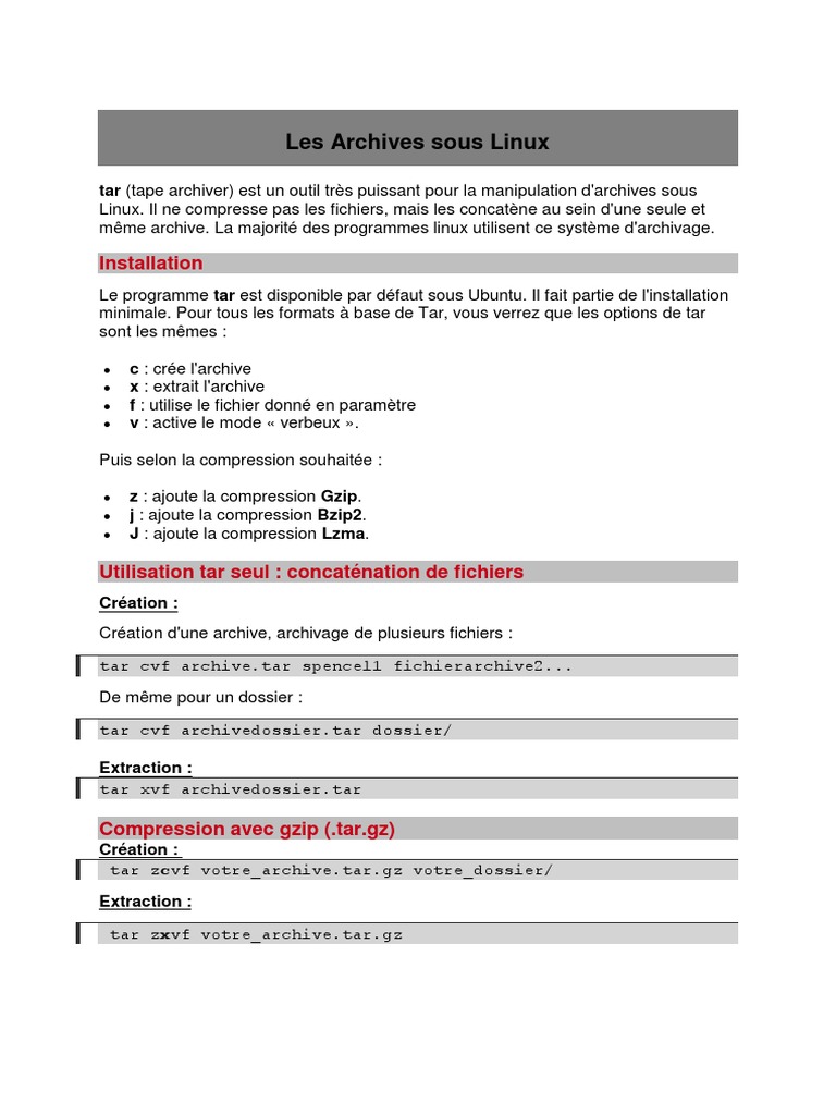 Manipulation des archives avec tar sous Linux | PDF