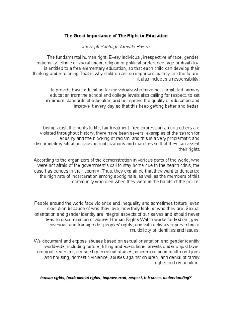 Importance of the Right to Education | PDF | Discrimination ...