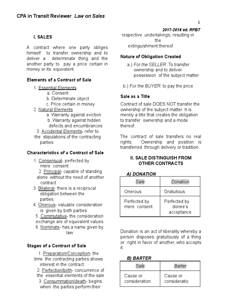 CPA Reviewer: Law on Sales Essentials | PDF | Sales | Offer And Acceptance