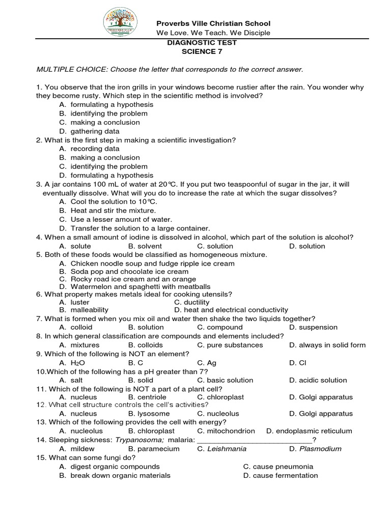 Science 7 Diagnostic Test | PDF | Waves | Sound