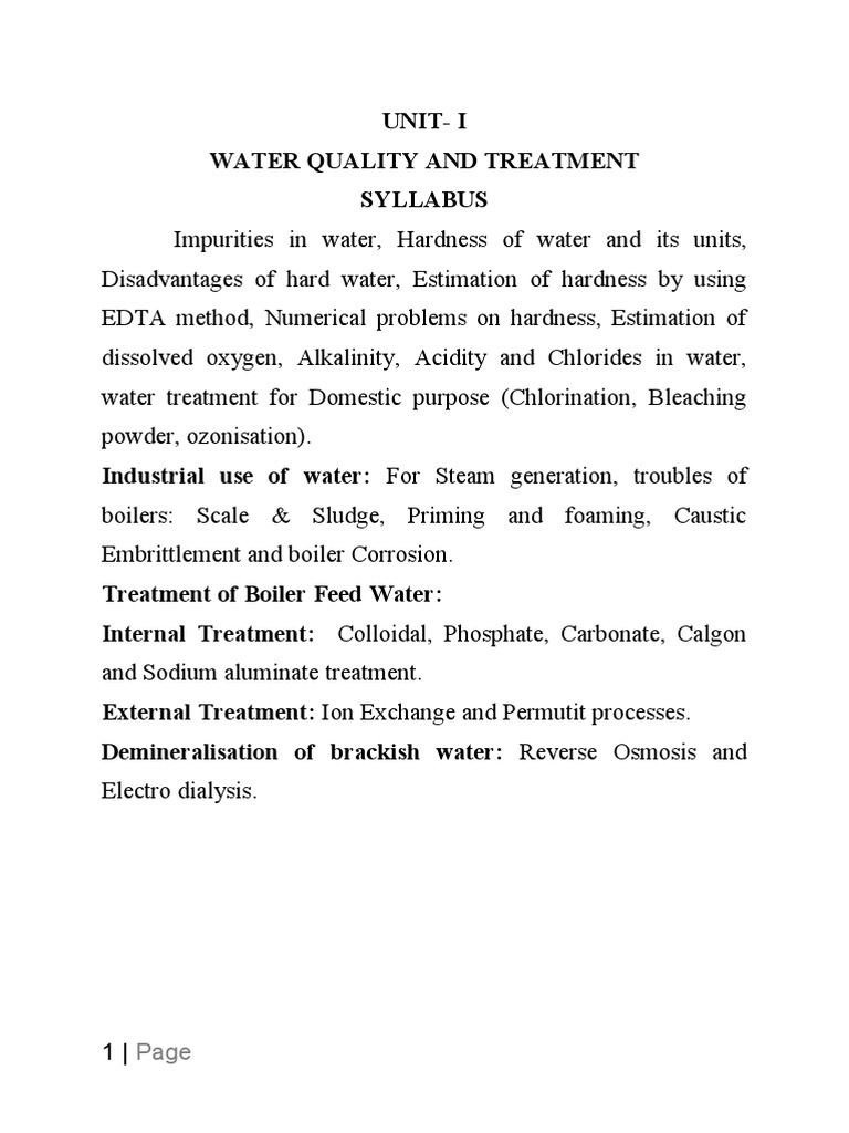 Unit I Water Quality and Treatment PDF Chemistry Titration