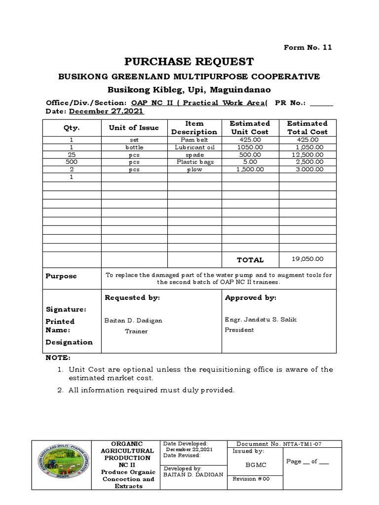 Purchase Request for Agricultural Tools | PDF