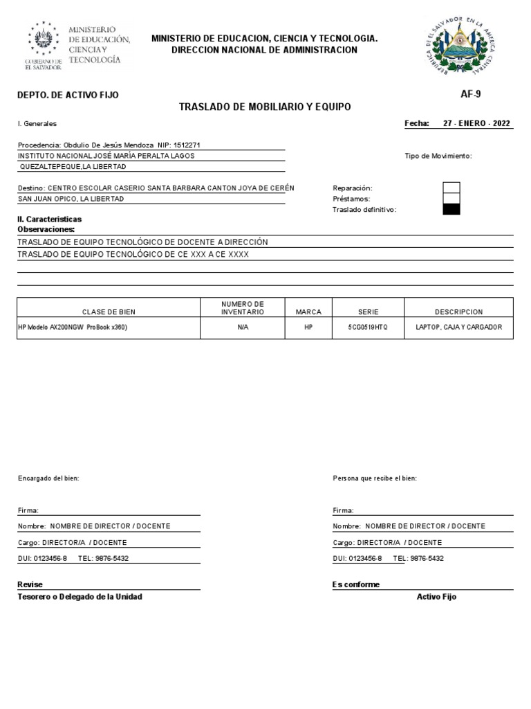 Formulario AF-9: Traslado de Mobiliario | PDF
