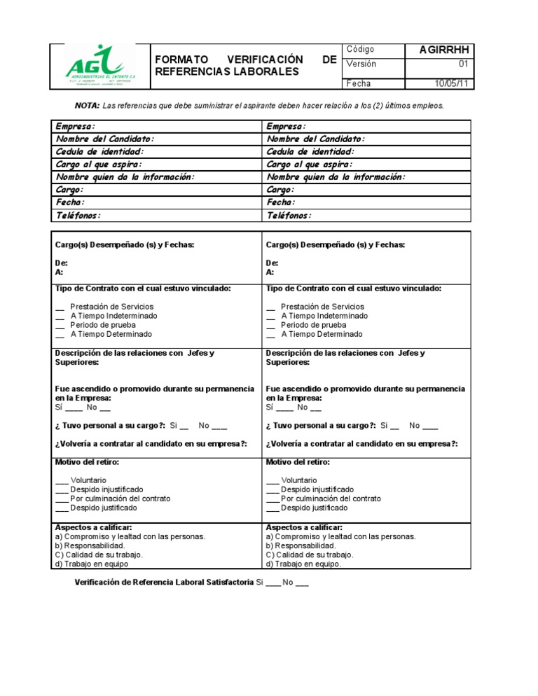 Formato Verificacoin de Referencias Laborales Business
