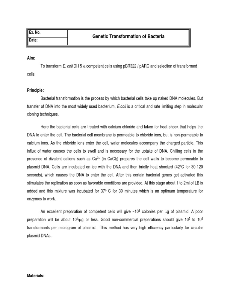 Genetic Transformation of Bacteria: Ex. No. Date | PDF | Transformation ...